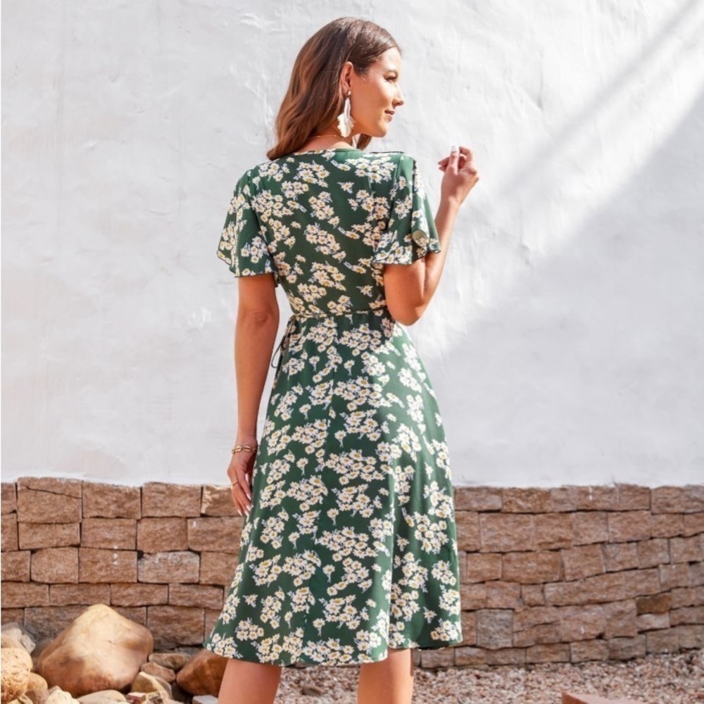 Women's Flared Sleeve V Neck Wrap Dress -
-M-Green - Picture 2 of 4